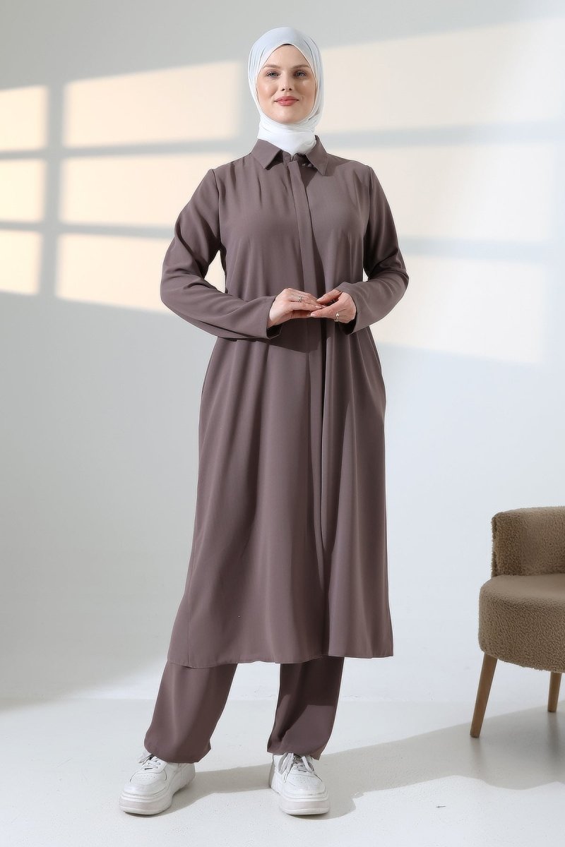Women's Hajj and Umrah Attire, Two-Piece Set with Hijab Vest Detail - Milky Coffee - ihvan