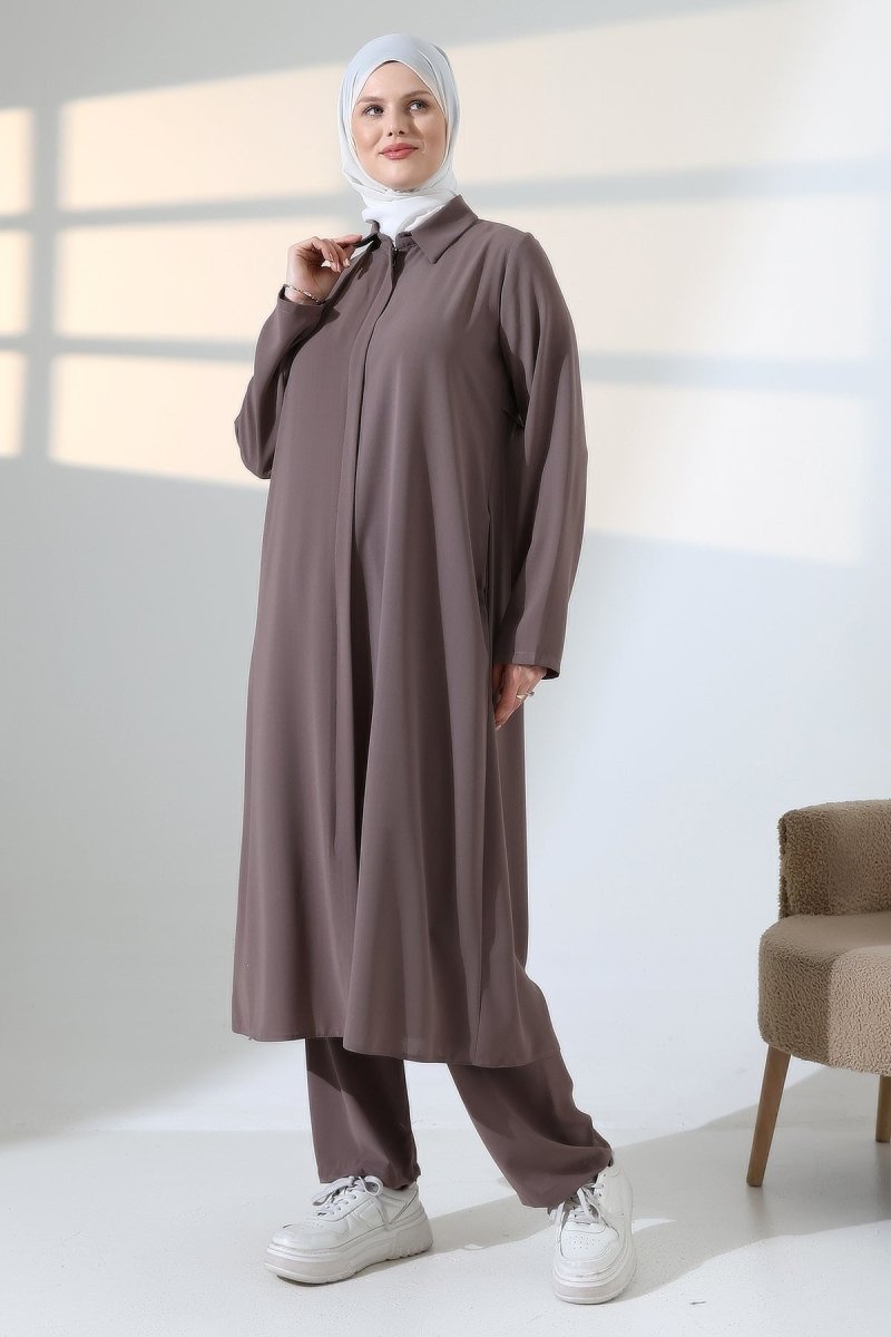 Women's Hajj and Umrah Attire, Two-Piece Set with Hijab Vest Detail - Milky Coffee - ihvan
