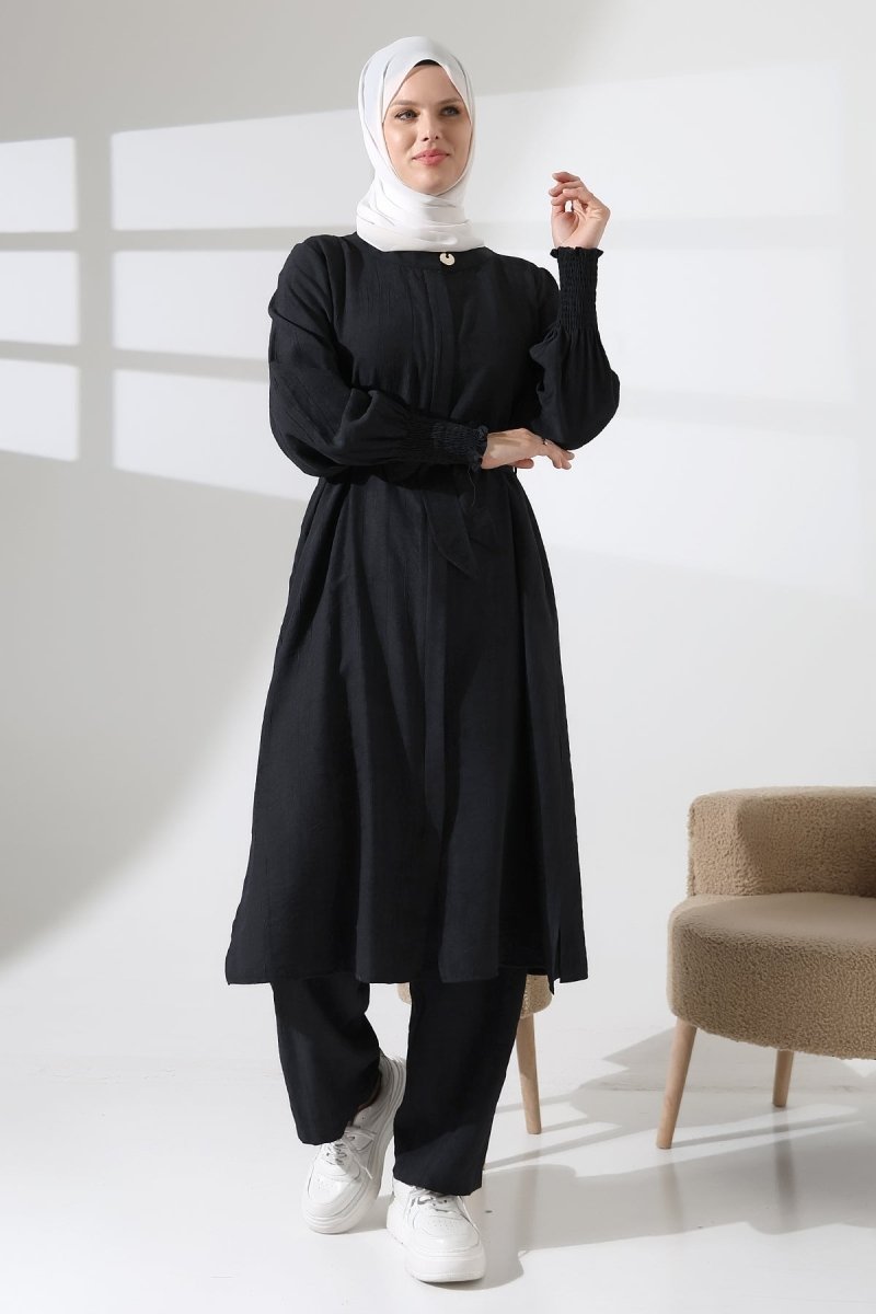 Women's Hidden Zipper, Side Slit, Gipeli Hajj/Umrah Outfit, Two-Piece Set, Black - ihvan
