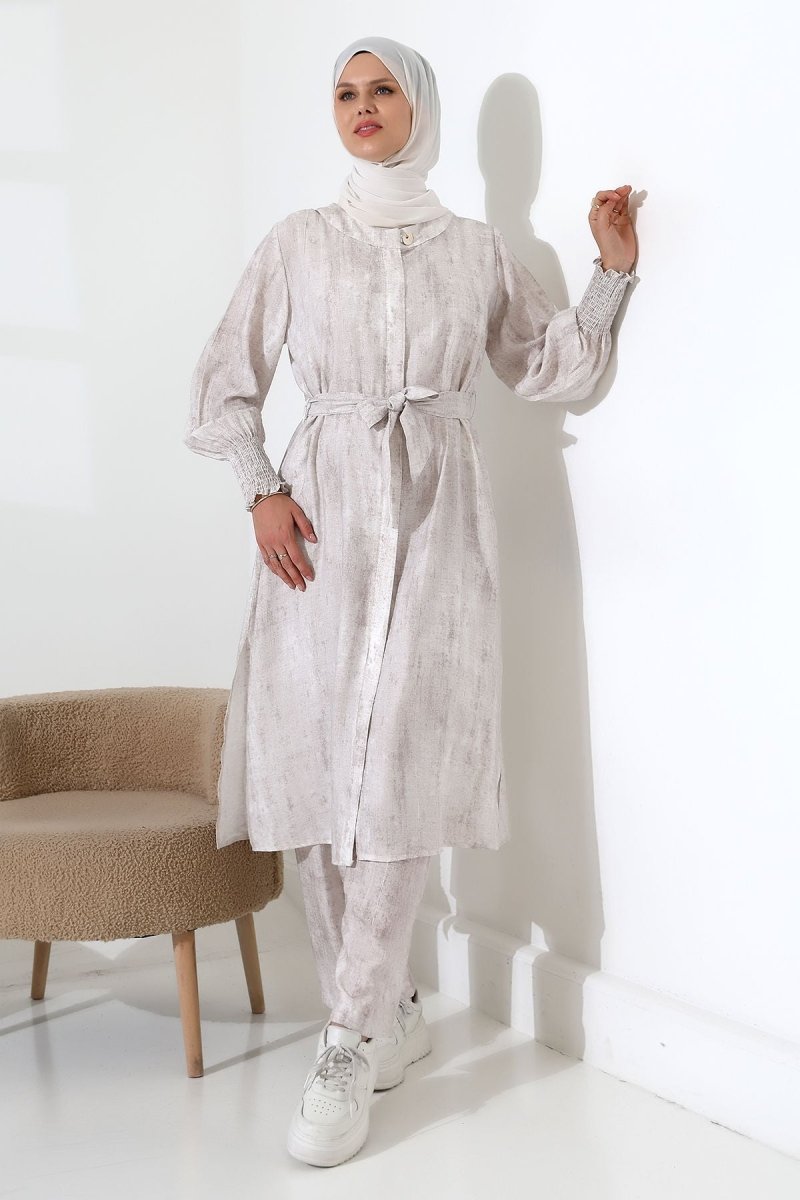 Women's Hidden Zipper, Side Slit, Gipeli Hajj/Umrah Outfit, Two-Piece Set, Ecru - ihvan