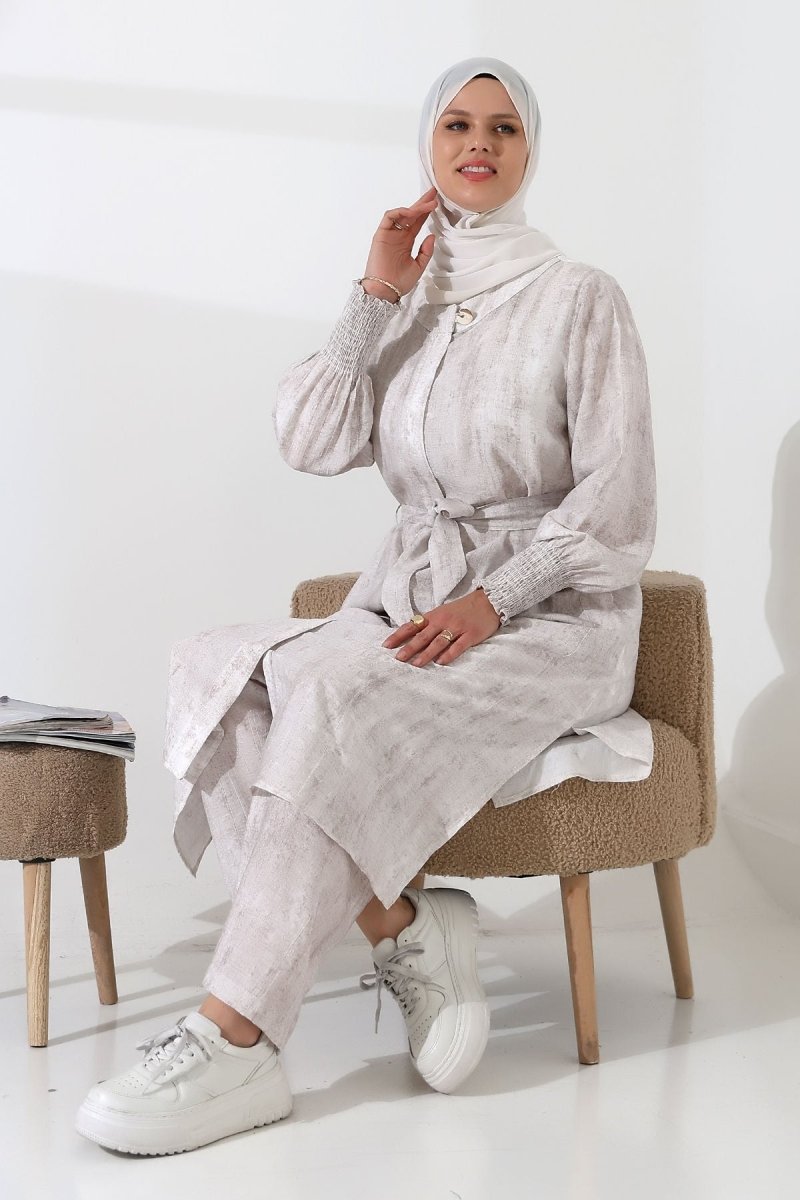 Women's Hidden Zipper, Side Slit, Gipeli Hajj/Umrah Outfit, Two-Piece Set, Ecru - ihvan