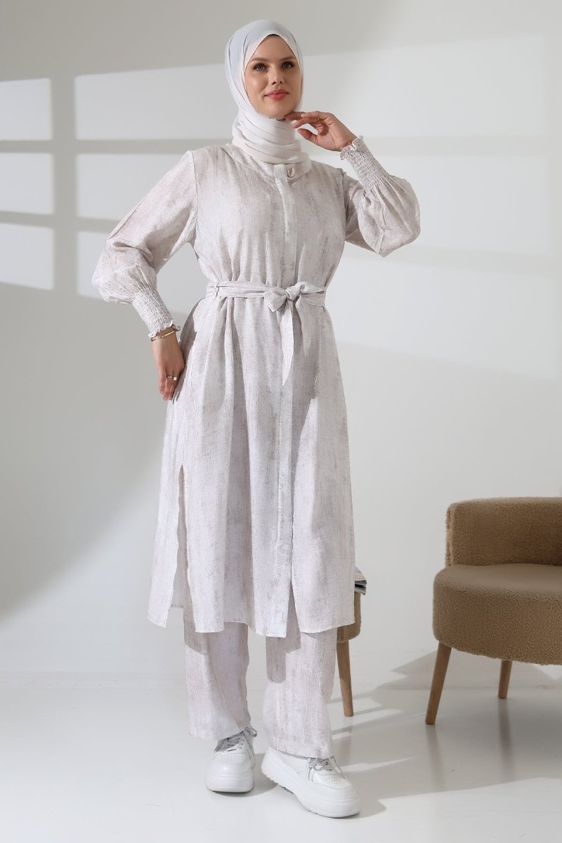 Women's Hidden Zipper, Side Slit, Gipeli Hajj/Umrah Outfit, Two-Piece Set, Ecru - ihvan