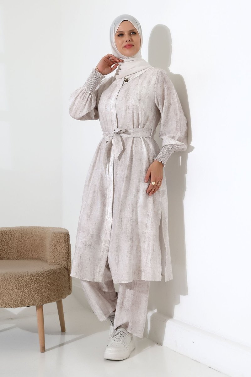 Women's Hidden Zipper, Side Slit, Gipeli Hajj/Umrah Outfit, Two-Piece Set, Ecru - ihvan