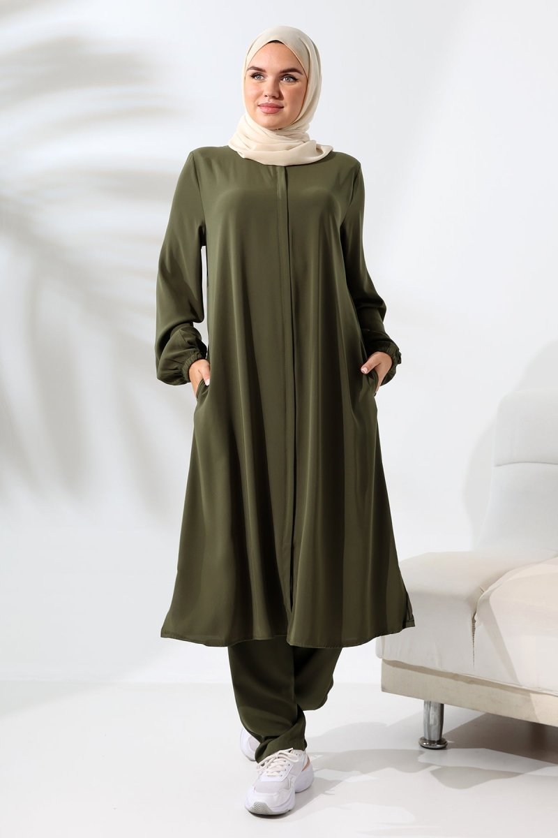 Women's Khaki Medina Silk Hajj and Umrah Hijab Two-Piece Set - ihvan