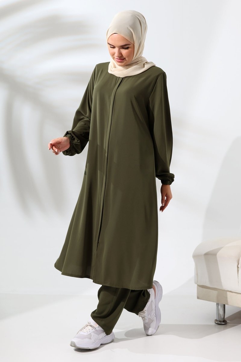 Women's Khaki Medina Silk Hajj and Umrah Hijab Two-Piece Set - ihvan