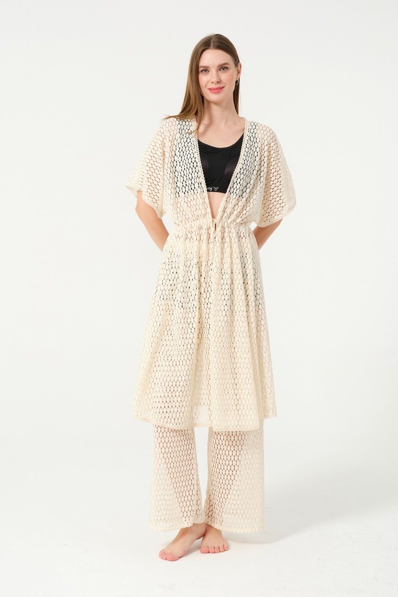 Women's Knitted Patterned Belted Chiffon Pareo - 2636 - 25 Cream - ihvan