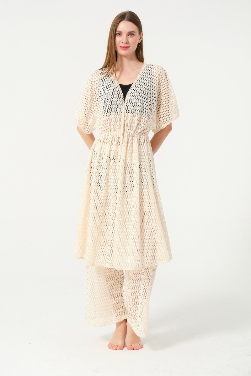 Women's Knitted Patterned Belted Chiffon Pareo - 2636 - 25 Cream - ihvan