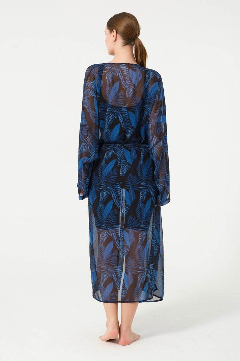 Women's Leaf Patterned Belted Chiffon Pareo - 2630 - 25 Black - ihvan