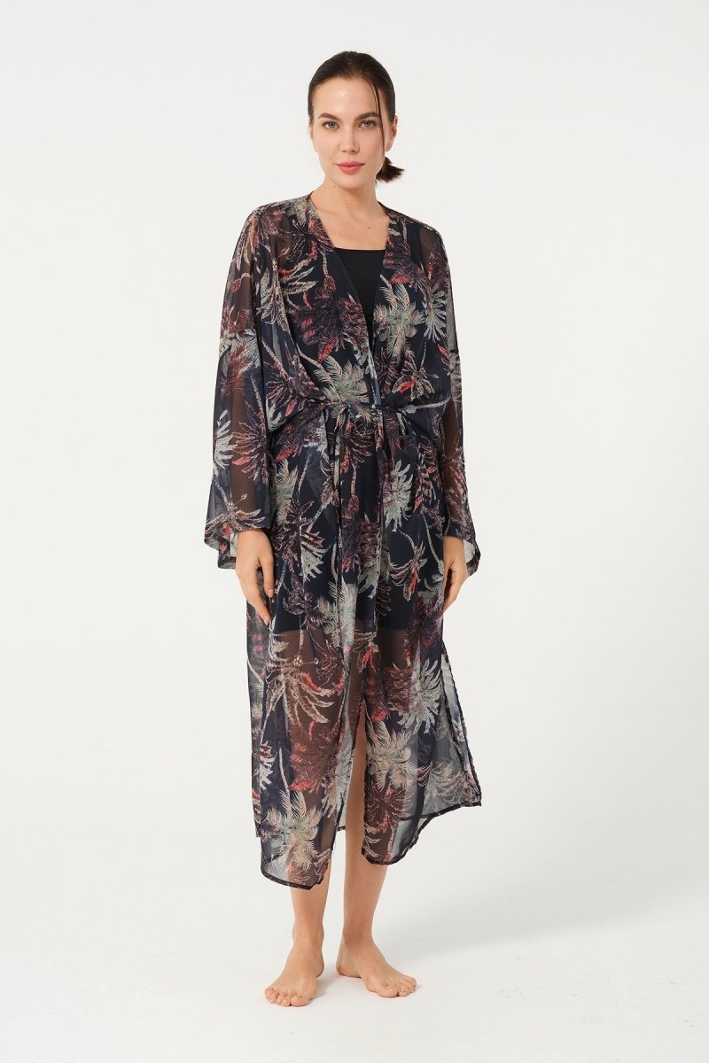 Women's Leaf Patterned Belted Chiffon Pareo - 2632 - 25 Black - ihvan