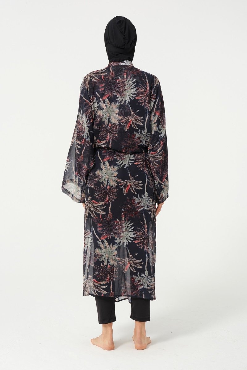 Women's Leaf Patterned Belted Chiffon Pareo - 2632 - 25 Black - ihvan