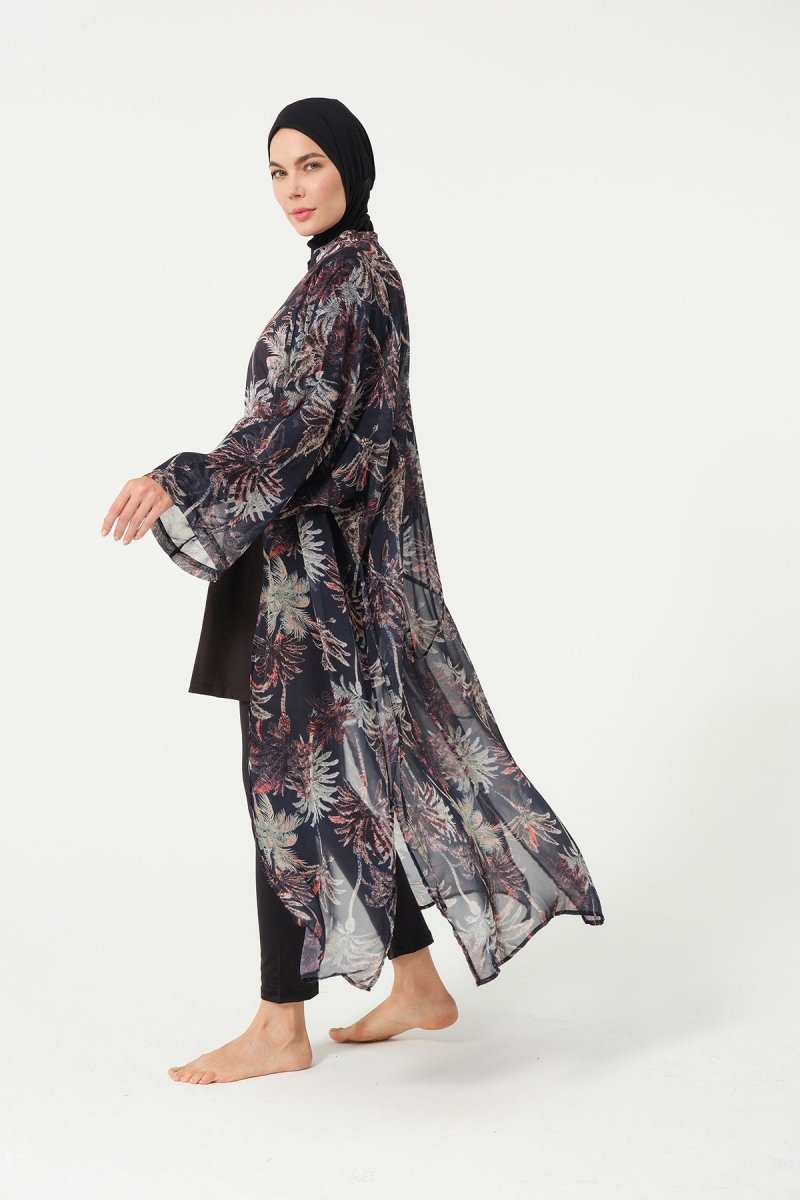 Women's Leaf Patterned Belted Chiffon Pareo - 2632 - 25 Black - ihvan