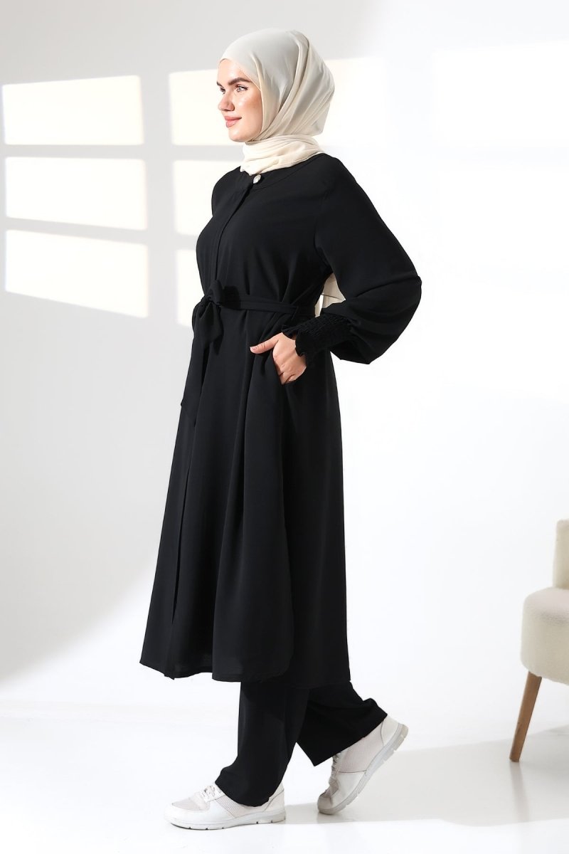 Women's Linen Hajj and Umrah Attire, Belted Hijab Two-Piece Set - Black - ihvan