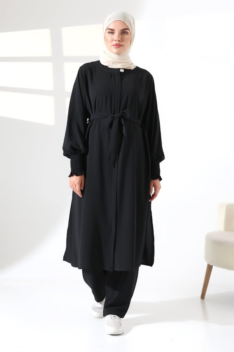 umrah dress for ladies Women's Linen Hajj and Attire, Belted Hijab Two-Piece Set - Black Lining is recommended Mint Silk Slip Dress, ribbed knit co ord set Color:BLACK IRIS
