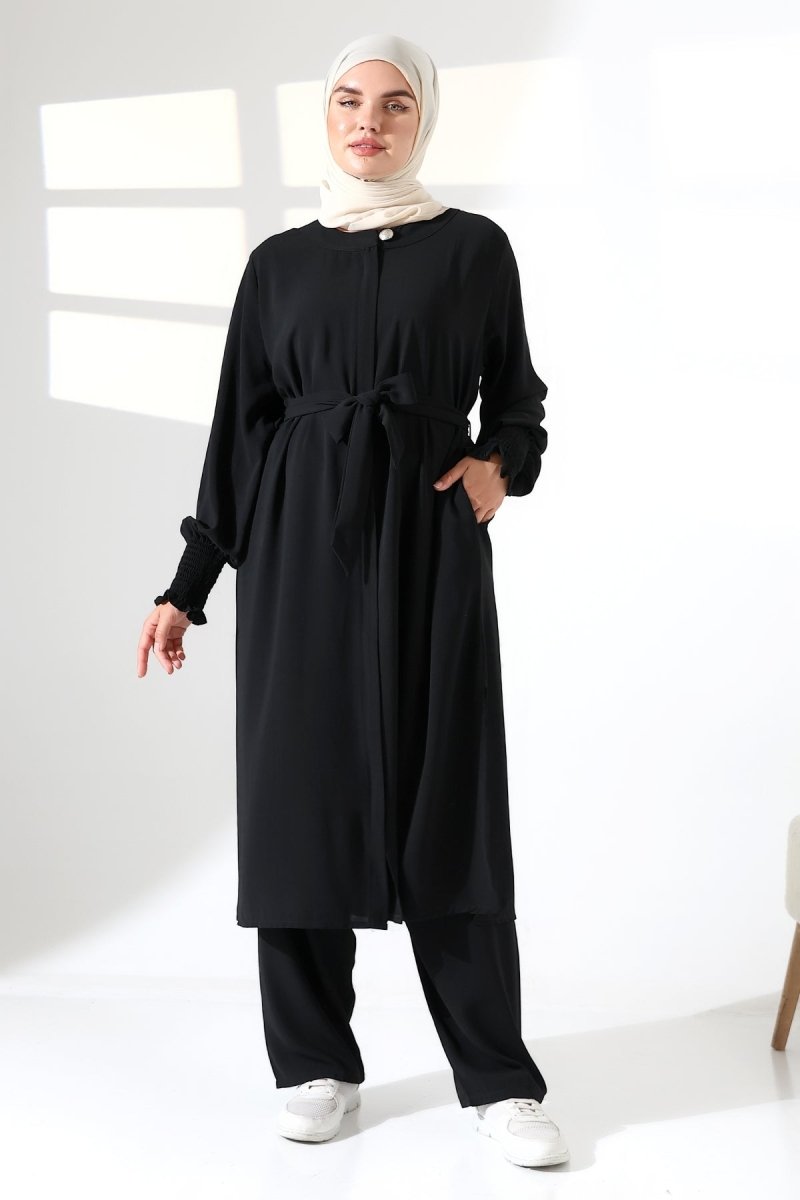 Women's Linen Hajj and Umrah Attire, Belted Hijab Two-Piece Set - Black - ihvan