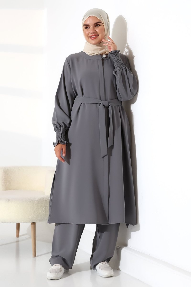 Women's Linen Hajj and Umrah Attire, Belted Hijab Two-Piece Set - Grey - ihvan