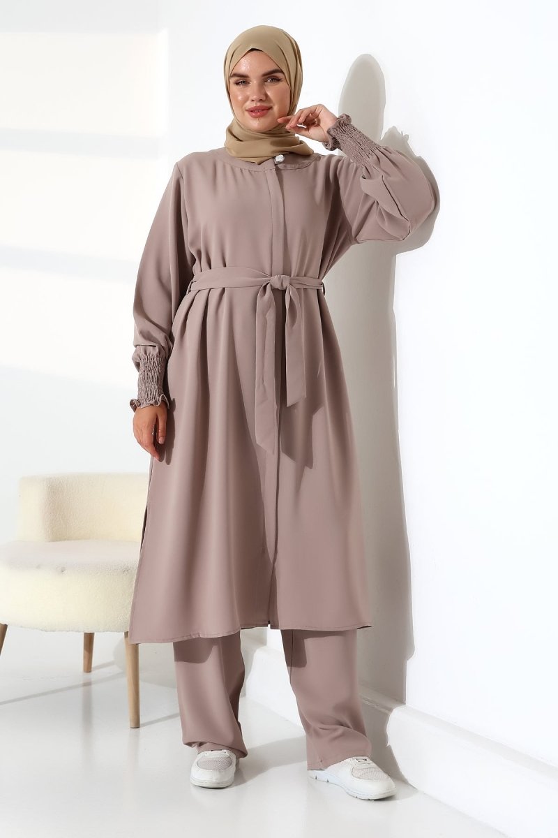 Women's Linen Hajj and Umrah Attire, Belted Hijab Two-Piece Set - Mink - ihvan