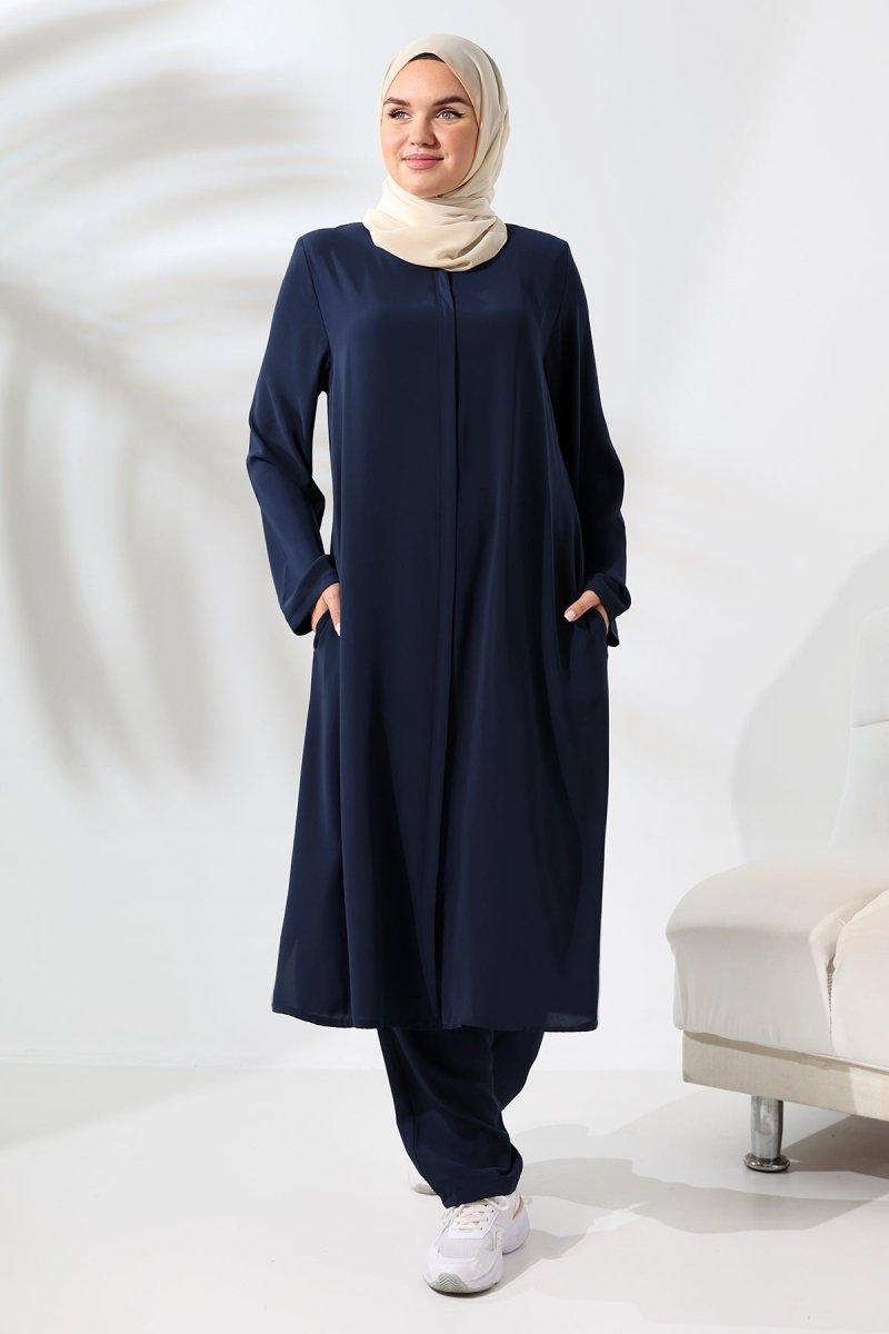 Women's Medina Silk Hajj and Umrah Hijab Two-Piece Set - Navy Blue - ihvan