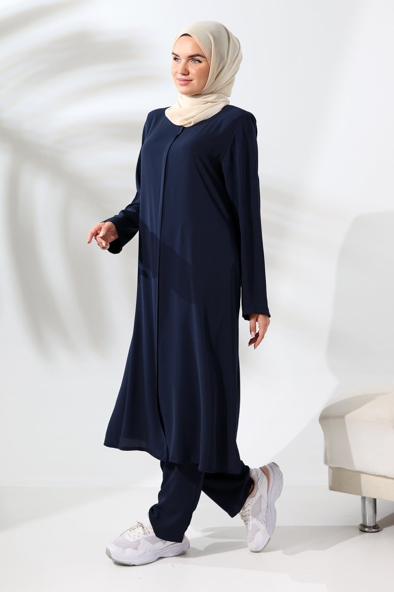 Women's Medina Silk Hajj and Umrah Hijab Two-Piece Set - Navy Blue - ihvan