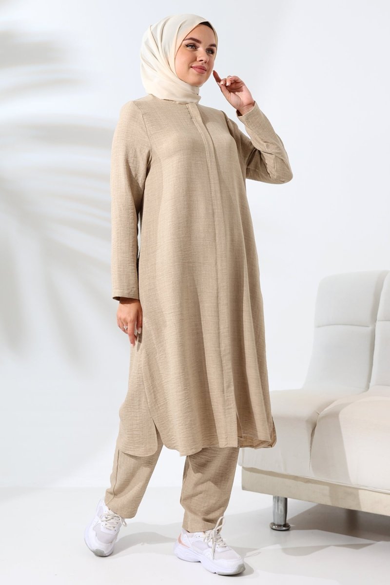 Women's Mink Melange Linen Look Hidden Zipper Hajj and Umrah Hijab Two-Piece Set - ihvan