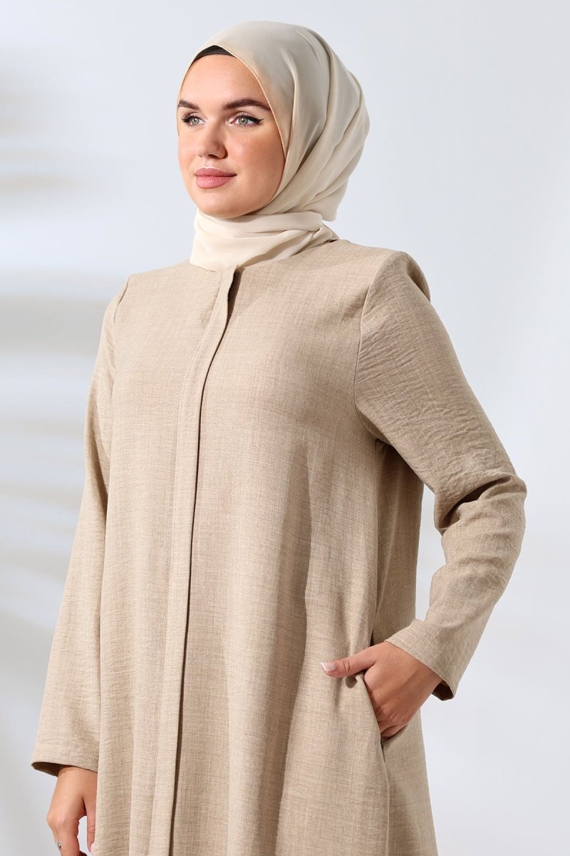 Women's Mink Melange Linen Look Hidden Zipper Hajj and Umrah Hijab Two-Piece Set - ihvan