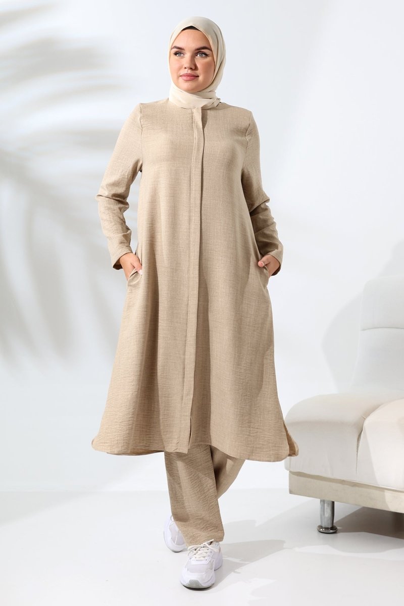 Women's Mink Melange Linen Look Hidden Zipper Hajj and Umrah Hijab Two-Piece Set - ihvan