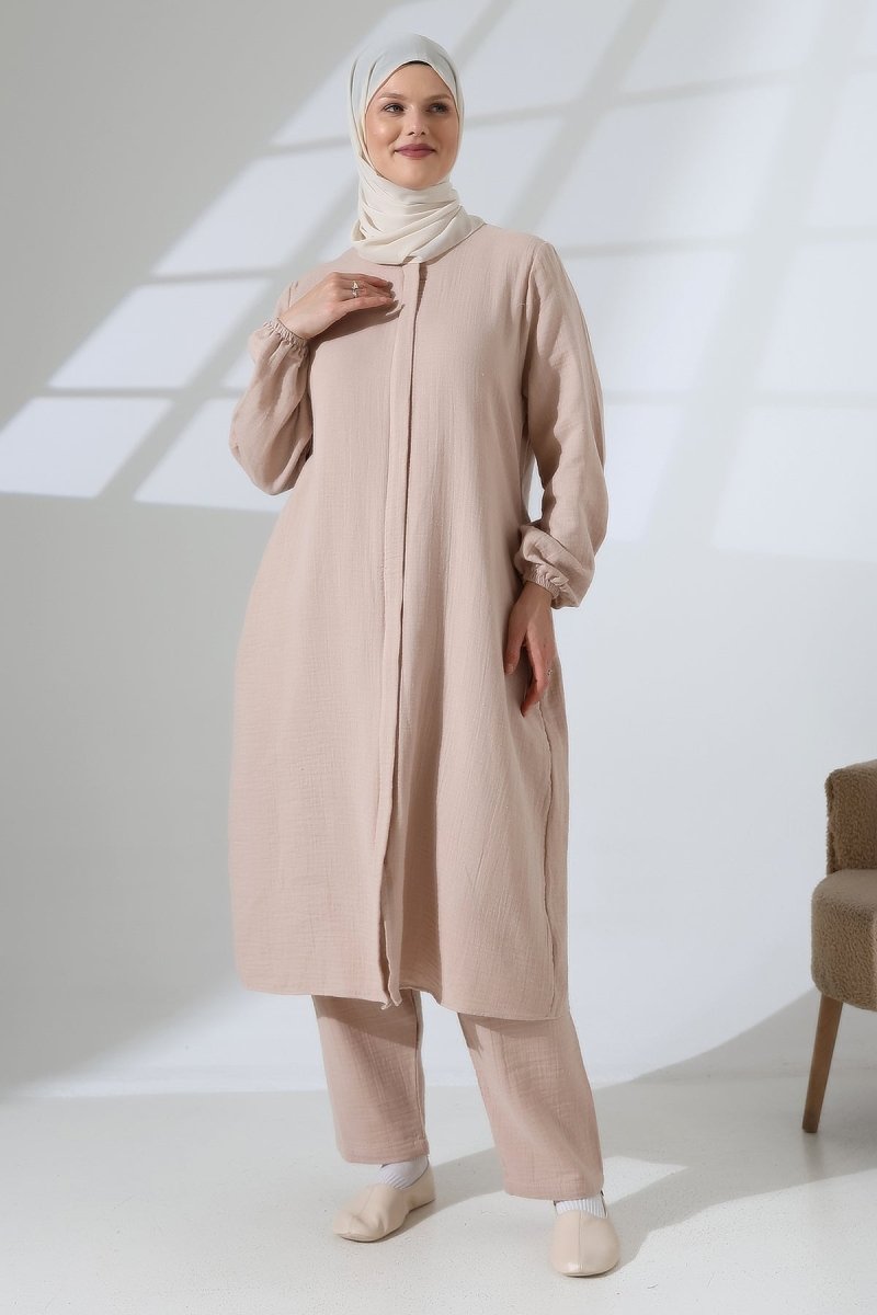 Women's Muslin Zip-Up Hijab Two-Piece Set Cotton Hajj and Umrah Outfit Beige (VSN) - ihvan