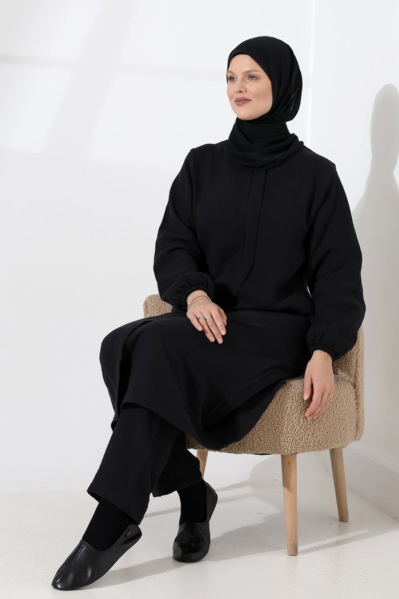 Women's Muslin Zip-Up Hijab Two-Piece Set Cotton Hajj and Umrah Outfit Black (VSN) - ihvan