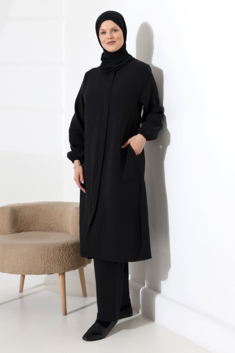 Women's Muslin Zip-Up Hijab Two-Piece Set Cotton Hajj and Umrah Outfit Black (VSN) - ihvan