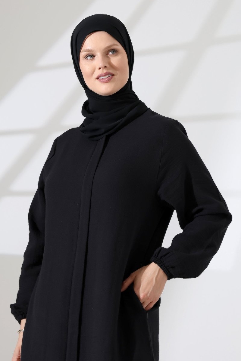 Women's Muslin Zip-Up Hijab Two-Piece Set Cotton Hajj and Umrah Outfit Black (VSN) - ihvan