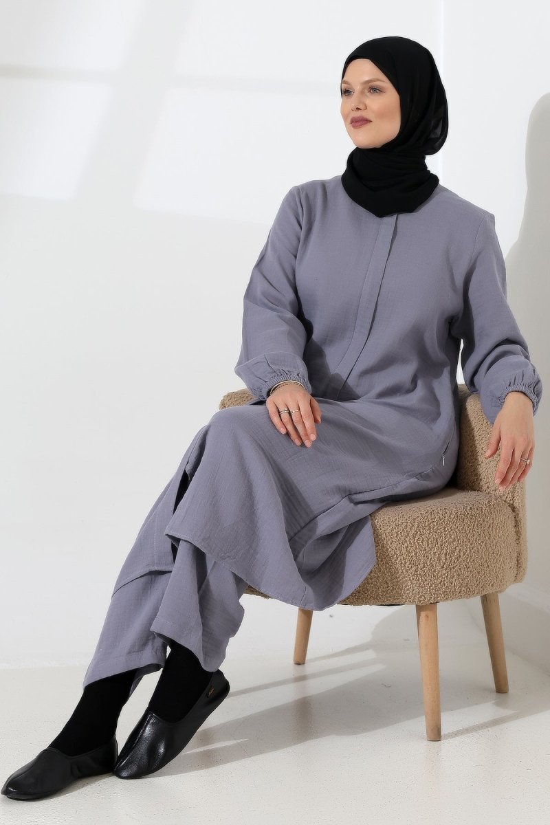 Women's Muslin Zip-Up Hijab Two-Piece Set Cotton Hajj and Umrah Outfit Grey (VSN) - ihvan