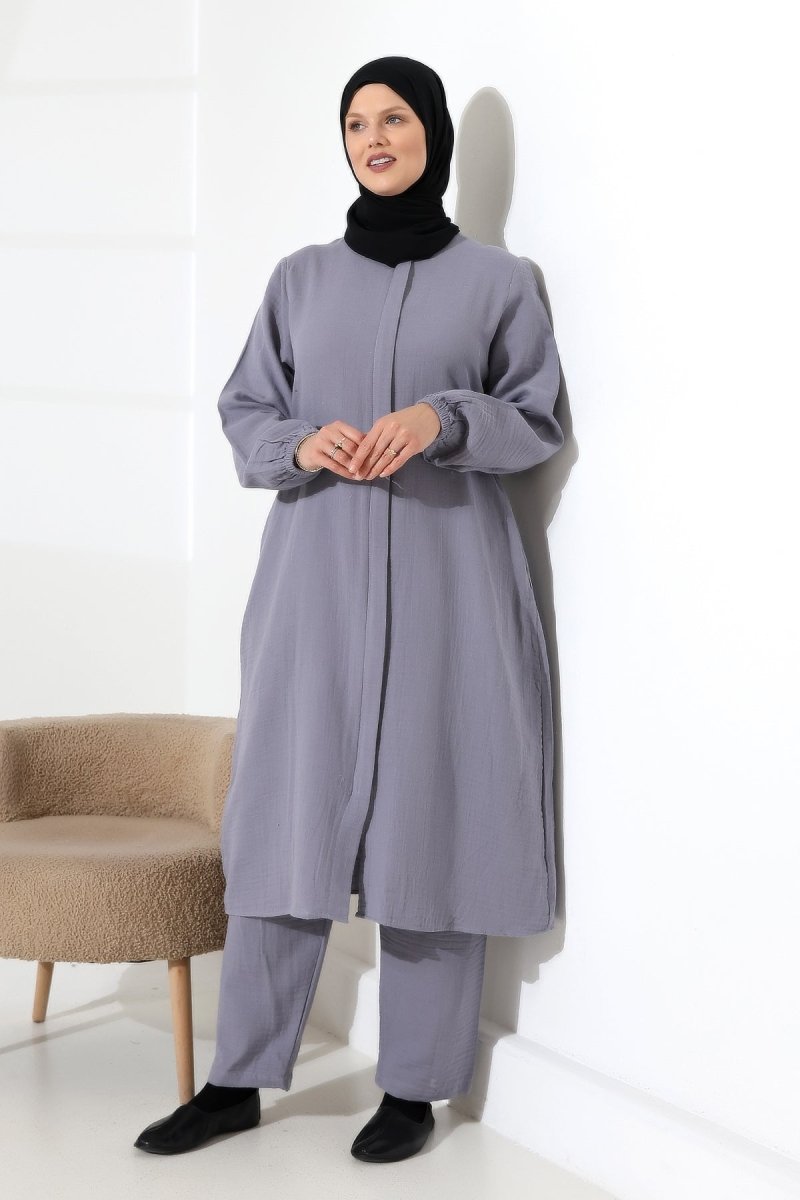 Women's Muslin Zip-Up Hijab Two-Piece Set Cotton Hajj and Umrah Outfit Grey (VSN) - ihvan