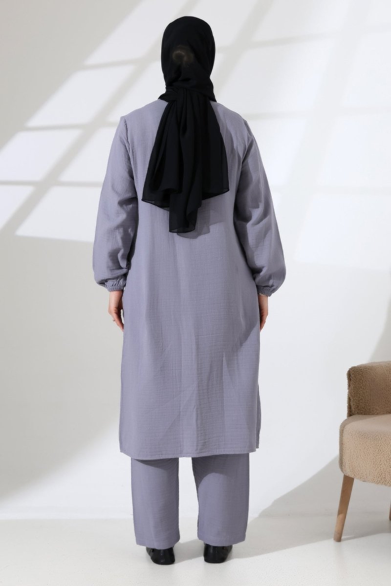 Women's Muslin Zip-Up Hijab Two-Piece Set Cotton Hajj and Umrah Outfit Grey (VSN) - ihvan