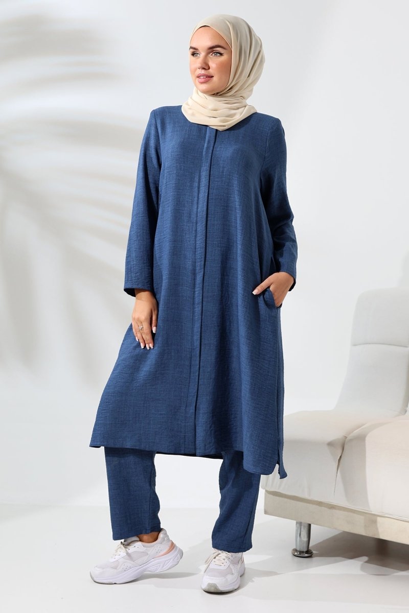 Women's Navy Blue Melange Linen-Look Two-Piece Set with Hidden Zipper for Hajj and Umrah (Pilgrimage) - ihvan