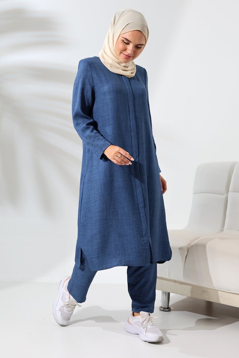 Women's Navy Blue Melange Linen-Look Two-Piece Set with Hidden Zipper for Hajj and Umrah (Pilgrimage) - ihvan