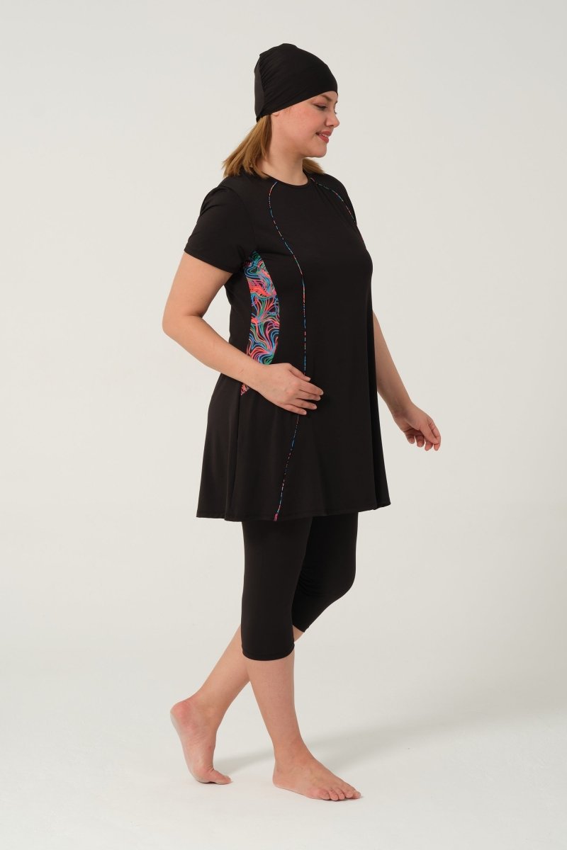 Women's Patterned Quick - Drying Semi - Covered Hijab Swimsuit 2523 - 25 Black - ihvan