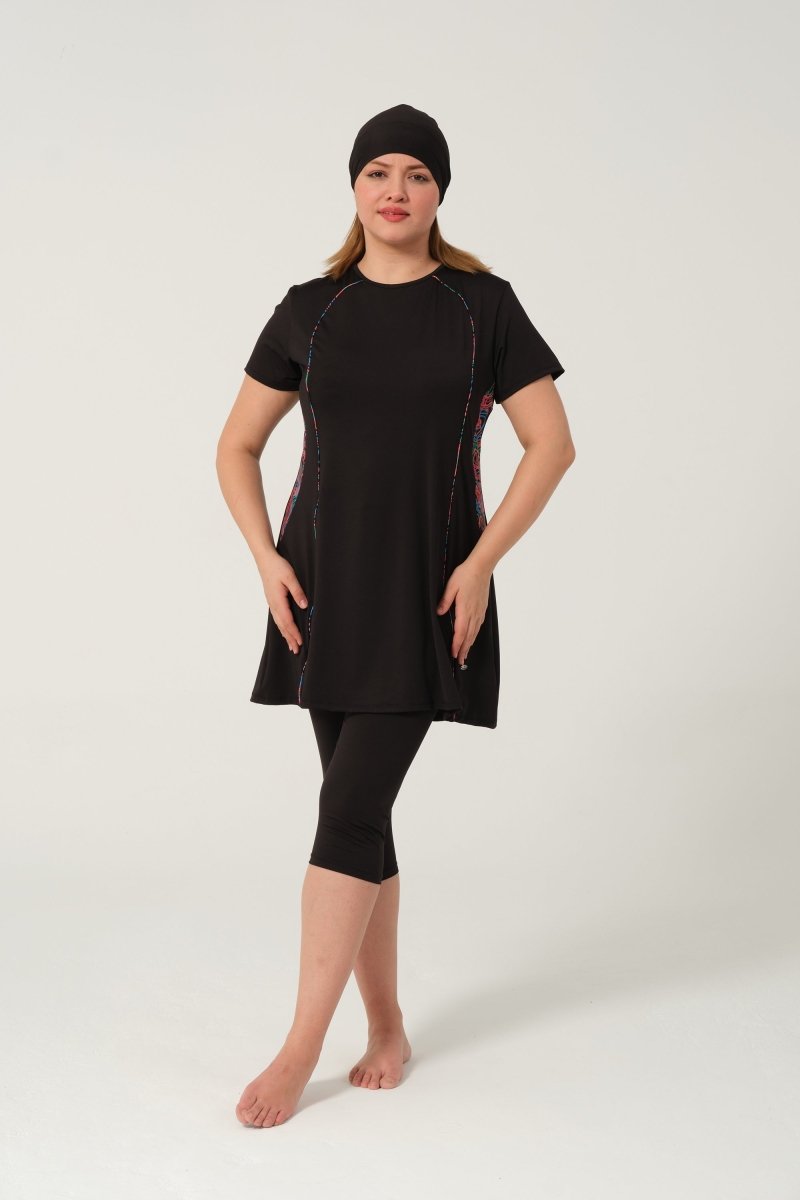 Women's Patterned Quick - Drying Semi - Covered Hijab Swimsuit 2523 - 25 Black - ihvan