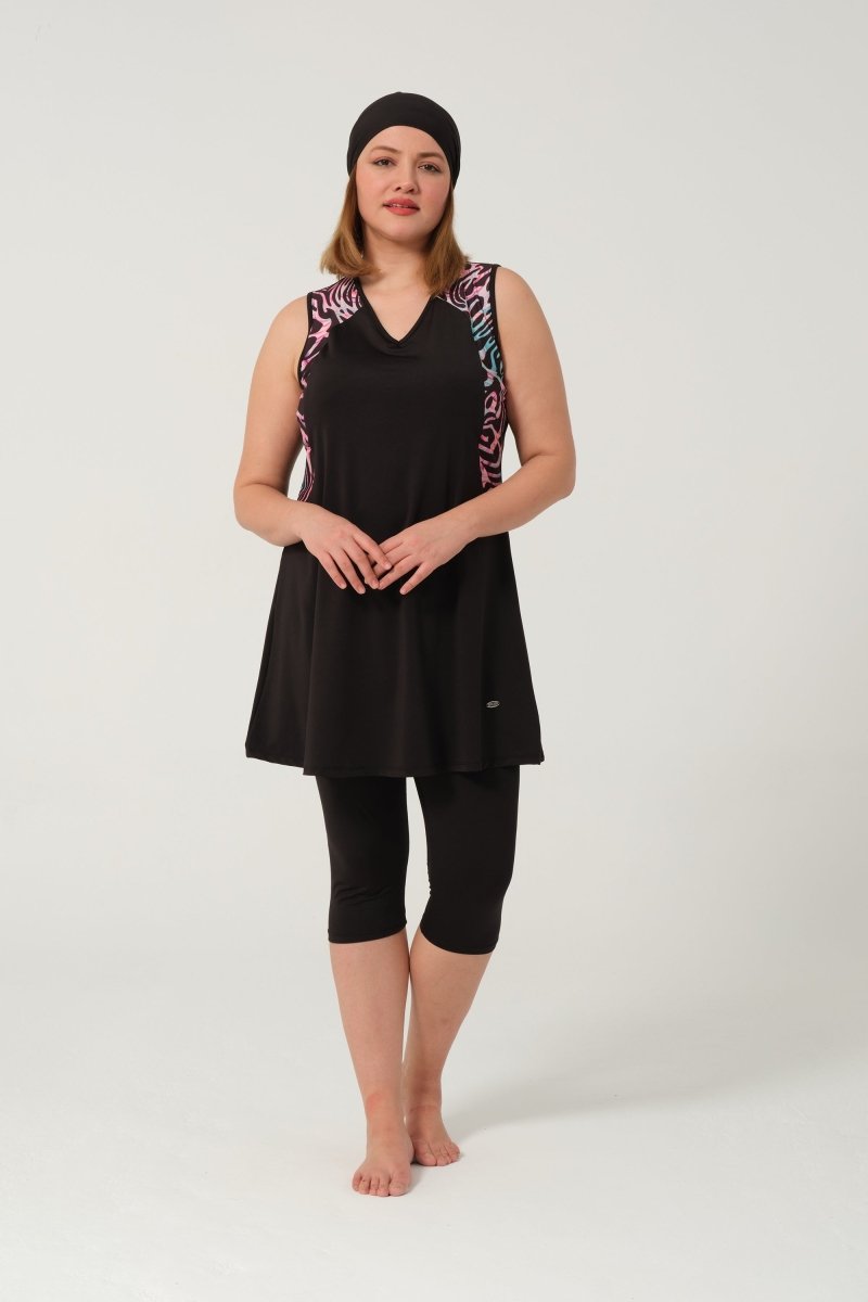 Women's Plus Size Patterned Semi - Covered Hijab Swimsuit Set 2525 - 25 Black - ihvan
