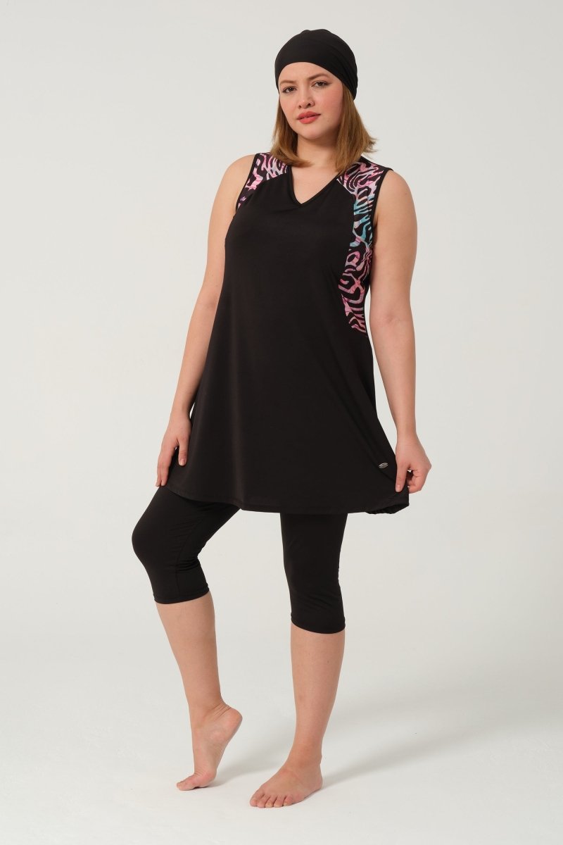 Women's Plus Size Patterned Semi - Covered Hijab Swimsuit Set 2525 - 25 Black - ihvan