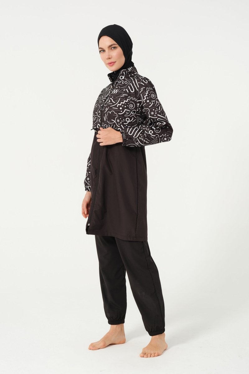 Women's Sleeveless Quick - Drying Plus Size Full Coverage Hijab Swimsuit 22110 - 25 - B Black - ihvan
