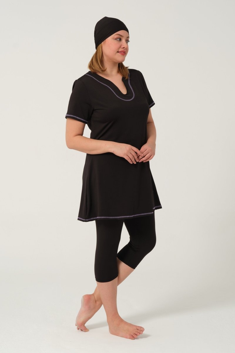 Women's Solid Pattern Semi - Covered Hijab Swimsuit 24185 - 25 Black - ihvan