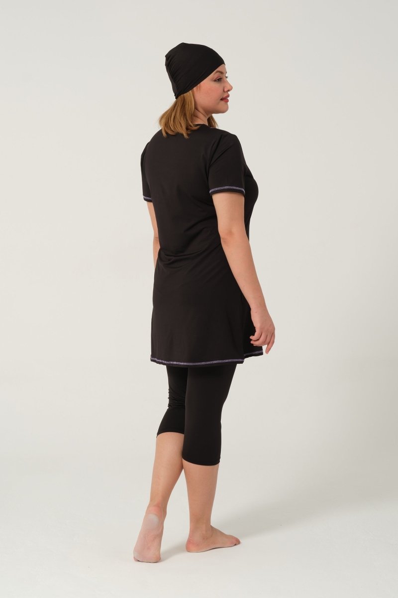Women's Solid Pattern Semi - Covered Hijab Swimsuit 24185 - 25 Black - ihvan