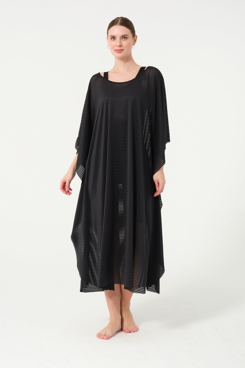 Women's Striped Patterned Belted Chiffon Pareo - 2635 - 25 Black - ihvan