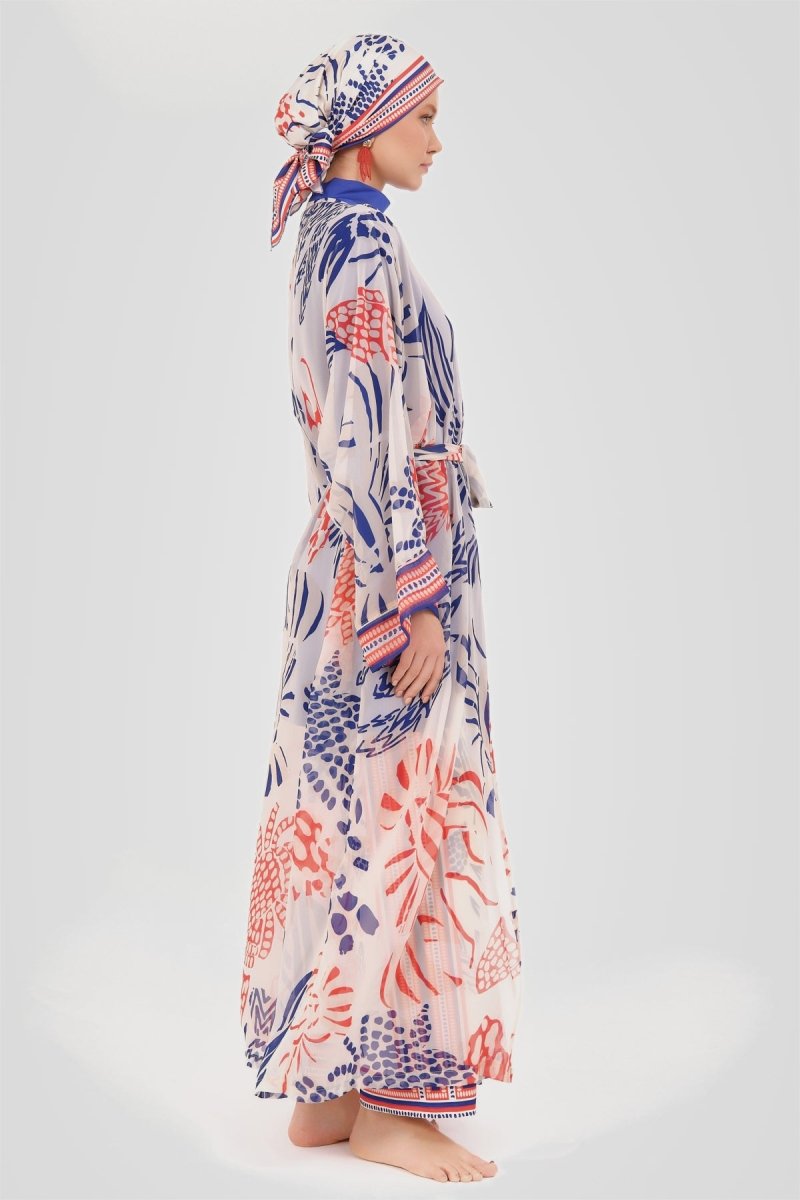 Yakamoz Patterned Belted Long Pareo 7052 - 26 Navy Blue - ihvan