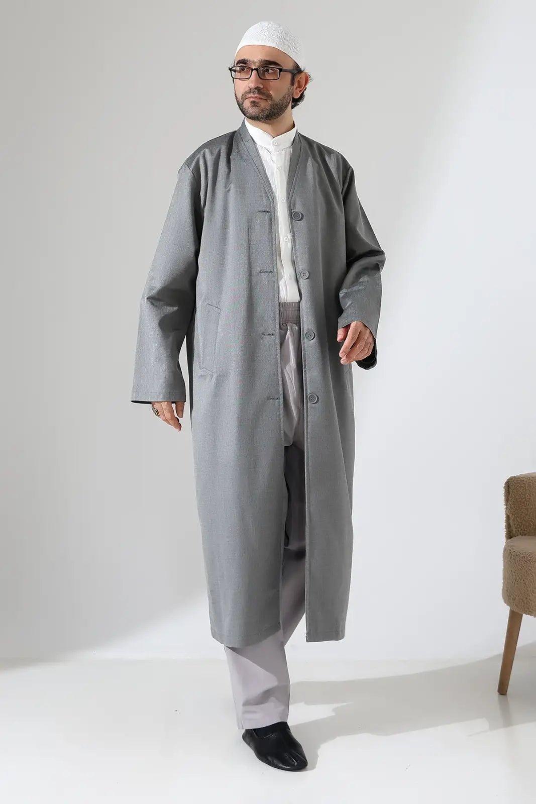 Men’s Bukhara Collar Jubbah – Half-Lined Buttoned Islamic Robe