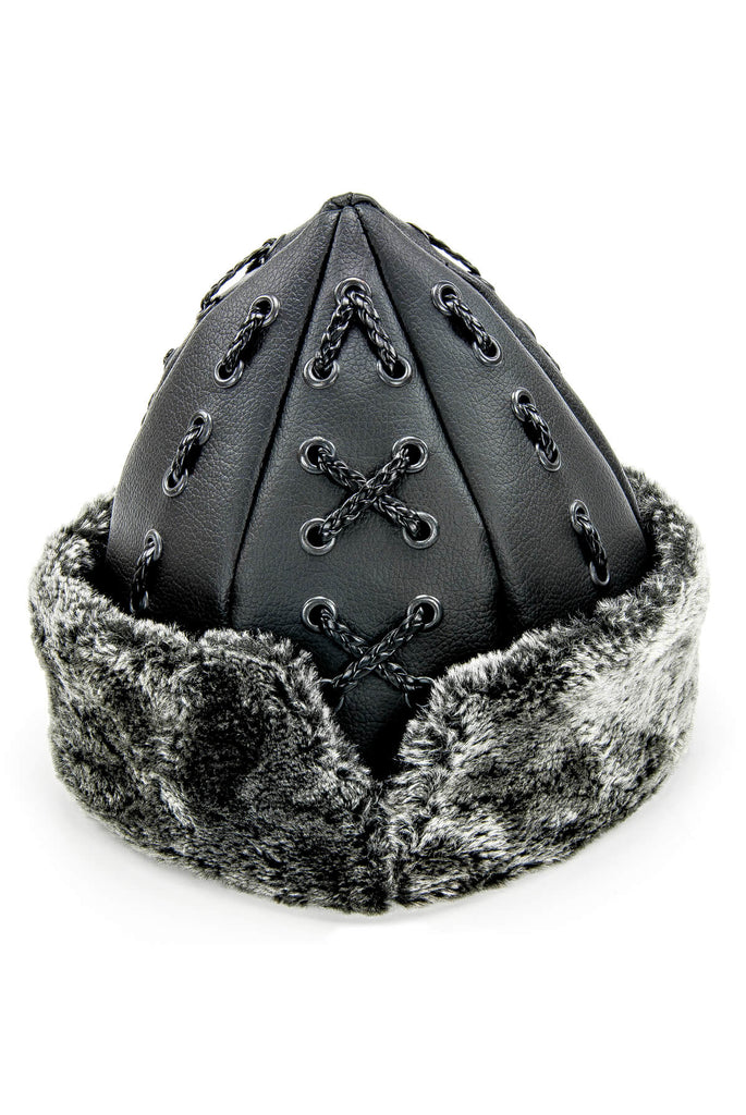 Türkische osmanische Borkmütze, Wintermütze aus Ertugrul-Lederfell, graues Kunstfell und schwarzes Kunstleder