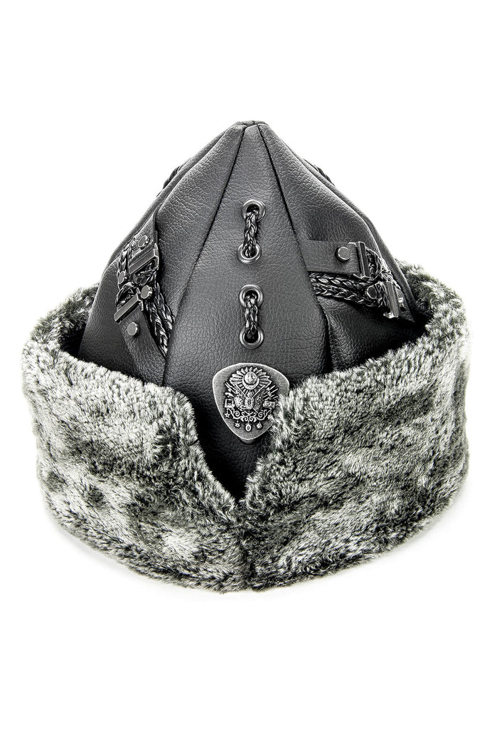Turkish Ertugrul Ottoman Black Leather and Gray Fur Winter Bork Hat, Ottoman Emblem