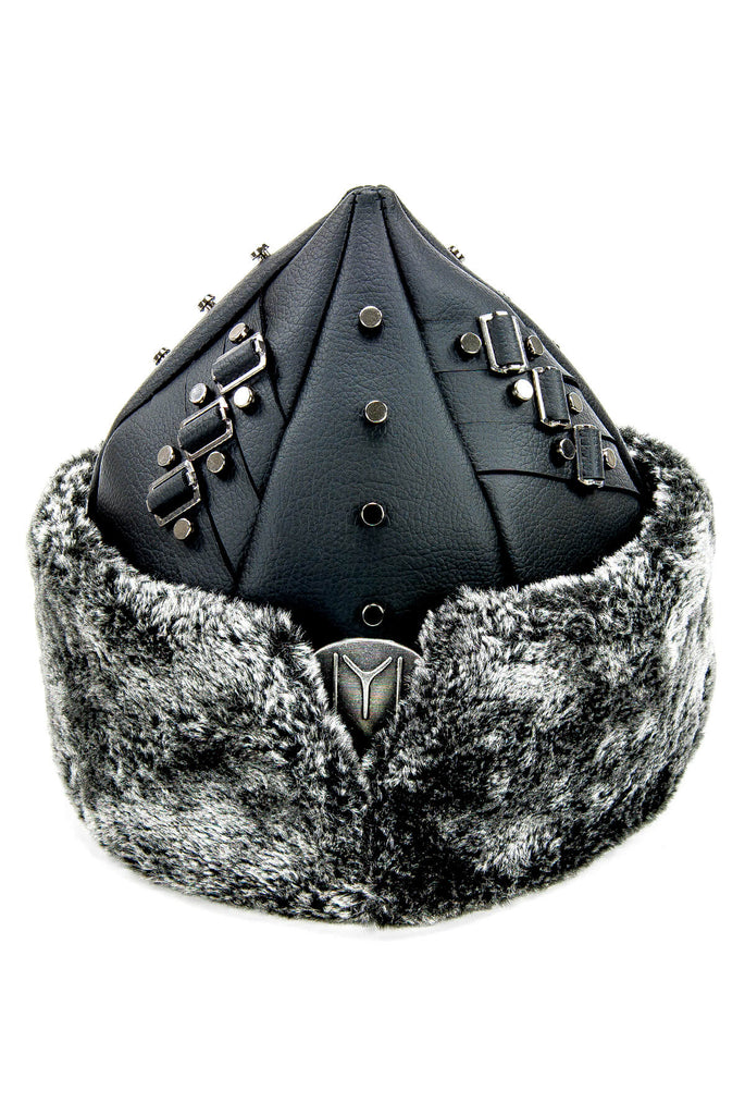 Turkish Ertugrul Ottoman Black Leather and Gray Fur Winter Bork Hat, Arms Kayi Tribe Alp IYI