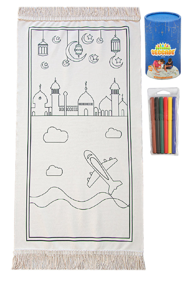 English Washable Painted Prayer Rug for Kids with Colourful Marker,  Islamic Gifts for Kids, Blue