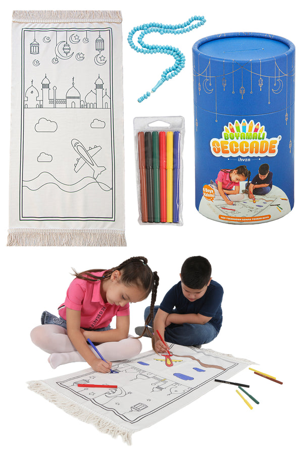 Washable Painted Prayer Rug for Kids with Colourful Marker,  Islamic Gifts for Kids, Blue