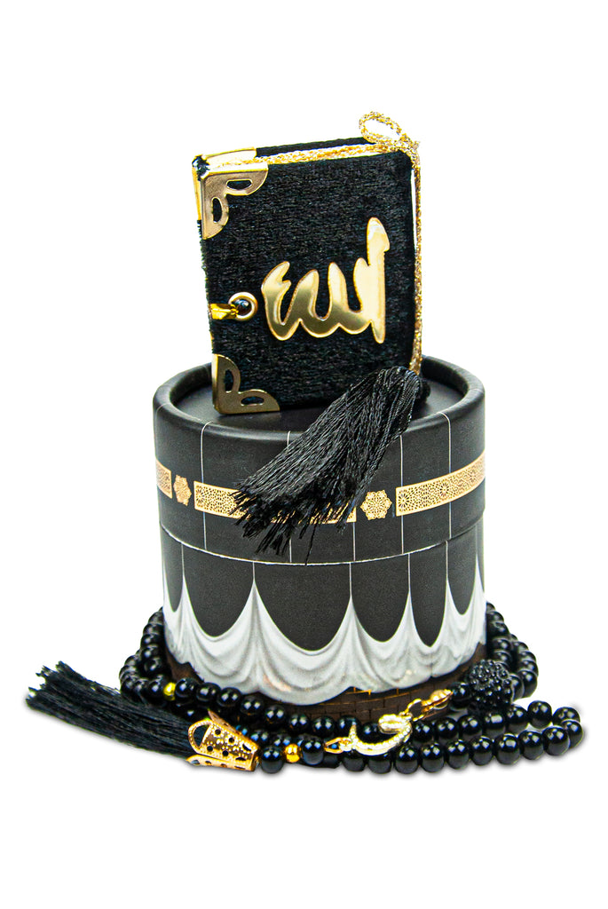 Velvet Covered Mini Quran & Prayer Beads Rosary with Kaaba Designed Cylinder Gift Box, Ramadan & Eid Gift